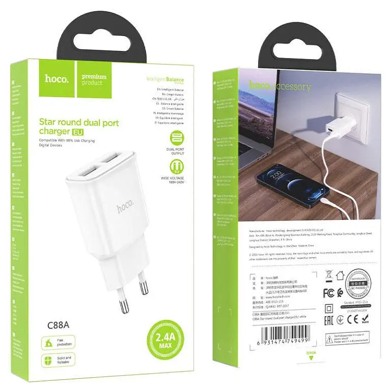 Мережевий зарядний пристрій HOCO C88A Star round dual port charger 12W білий - фото 2
