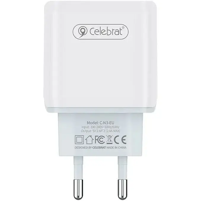 Мережевий зарядний пристрій Celebrat C-N2-EU 2USB 2.4А wall charger + Type-C cable White - фото 2