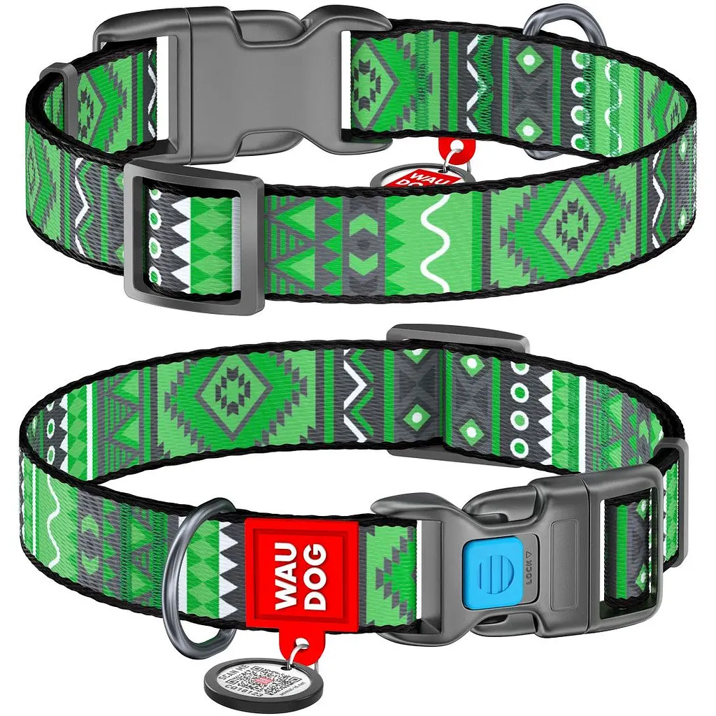 Нашийник для собак Waudog Nylon Етно зелений, з QR паспортом, пластиковый фастекс, XL, 35-58х2,5 см - фото 3