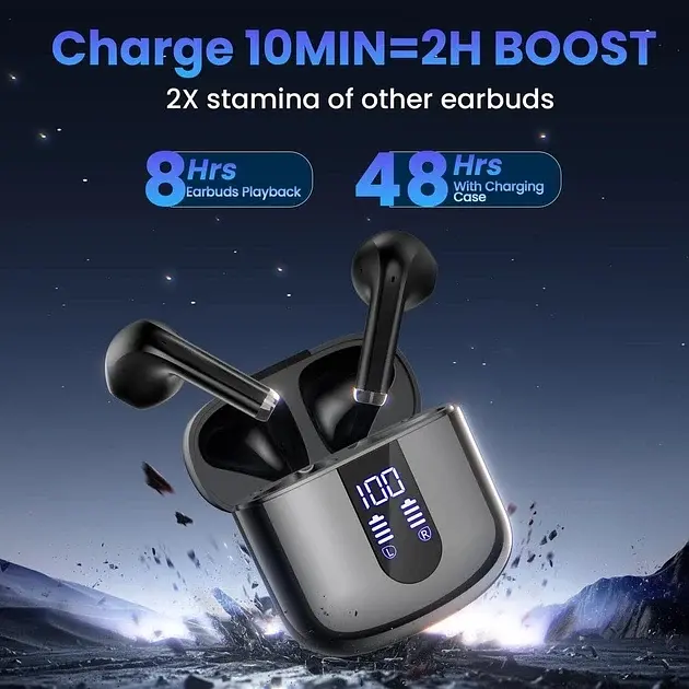 Беспроводные наушники S05-0699, Bluetooth 5.3, Deep Bass, 48г, LED-дисплей, IPX7, микрофон (Черные) - фото 4