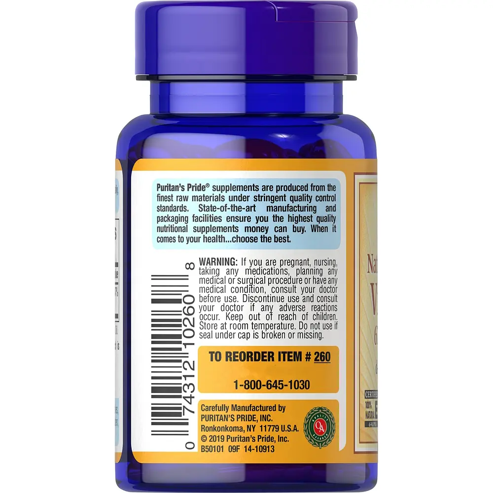 Витамины и минералы Puritan's Pride Vitamin E 100 IU Naturally Sourced, 100 капсул - фото 3