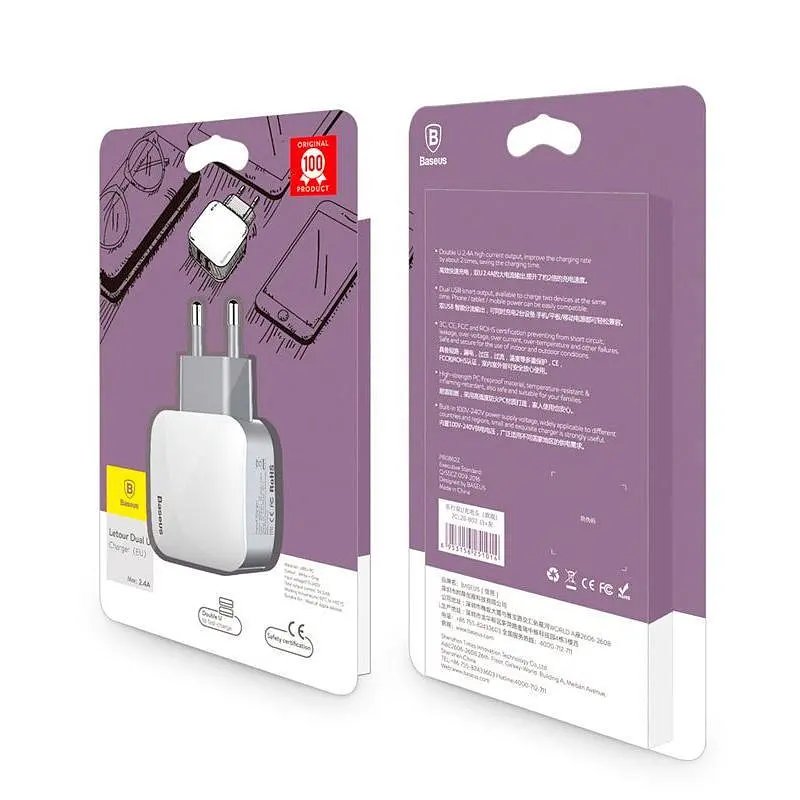 Мережевий зарядний пристрій Baseus Letour 2USB 2.4A ZCL2B-B02 White-Grey - фото 2