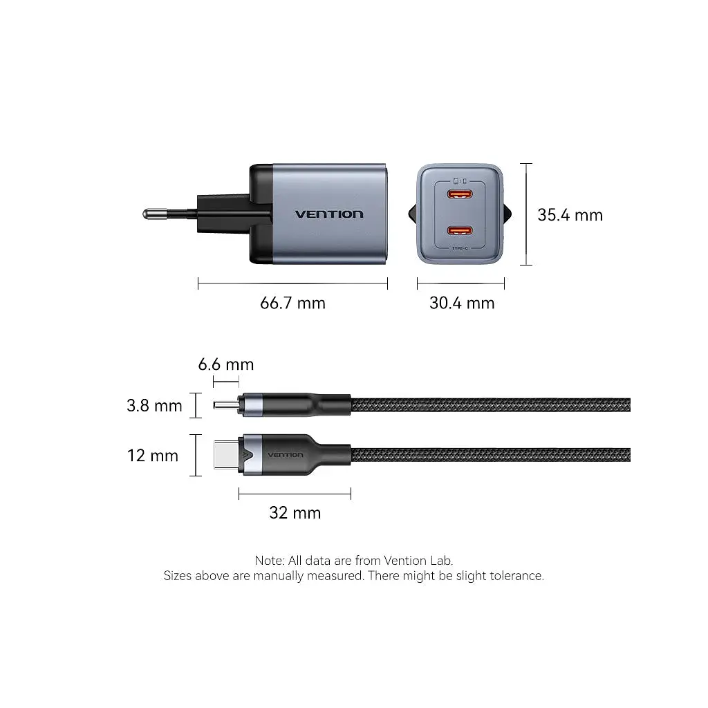 Зарядний пристрій Vention 2xUSB-C PD45W GaN + cable USB-C to USB-C 1.0m black gray (TZ-FCDH0-EU) - фото 12