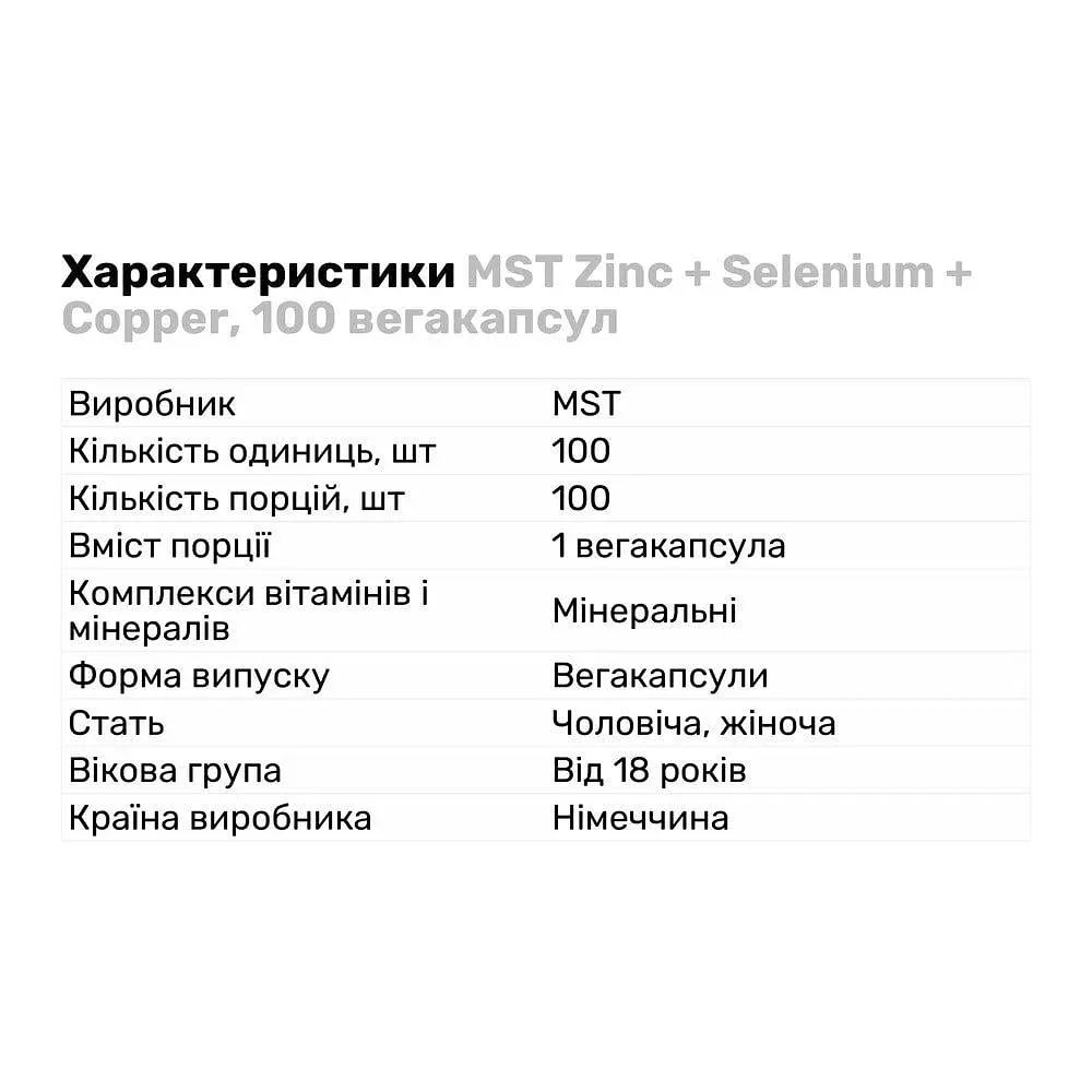 Витамины и минералы MST Zinc + Selenium + Copper 100 вегакапсул - фото 2