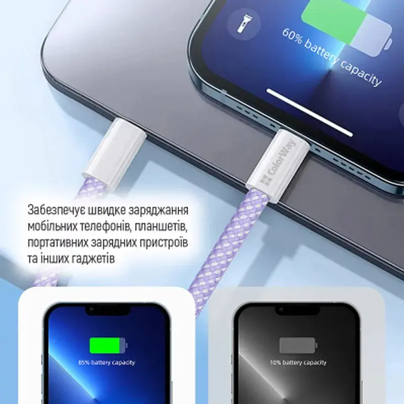 Дата кабель USB-C to USB-C 1.0m 60W 3.0А purple ColorWay (CW-CBPDCC061-PU) - фото 12