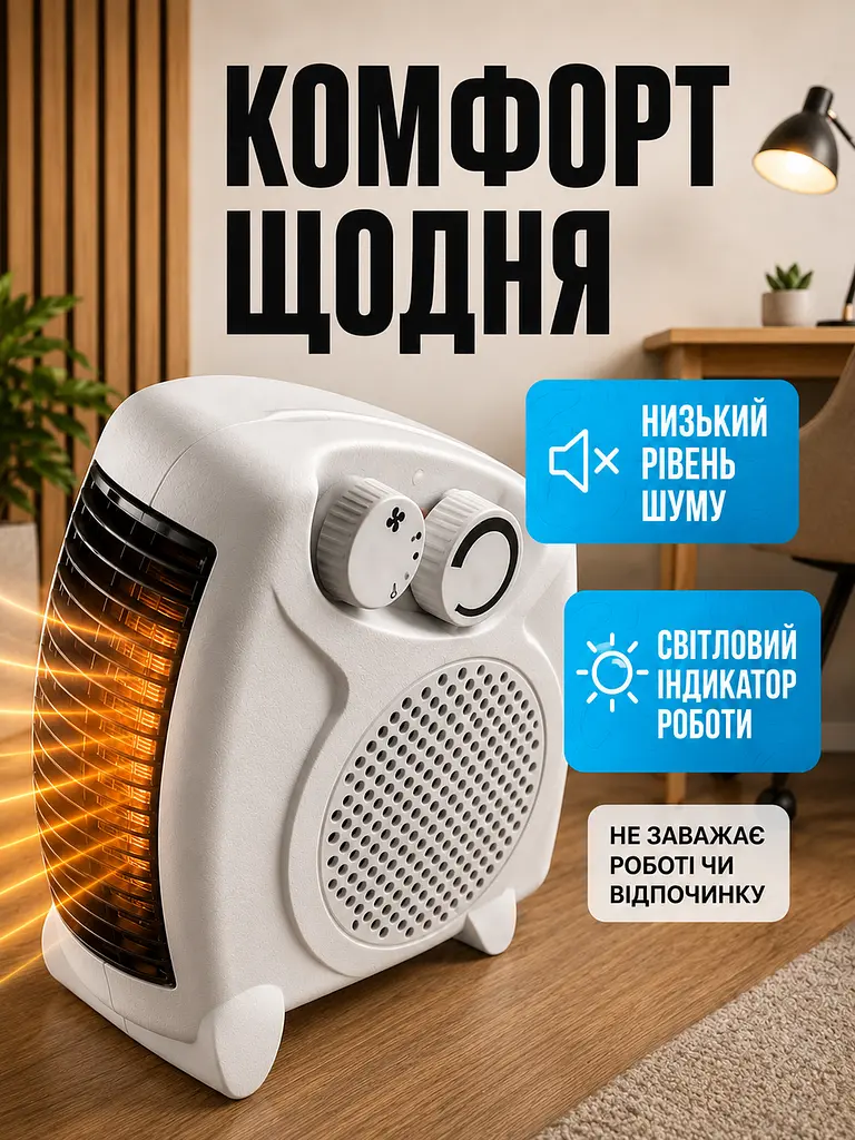 Тепловентилятор обігрівач електричний (дуйка) 2000 Вт з регульованим термостатом і захистом від перегріву, 2 режими Білий - фото 7