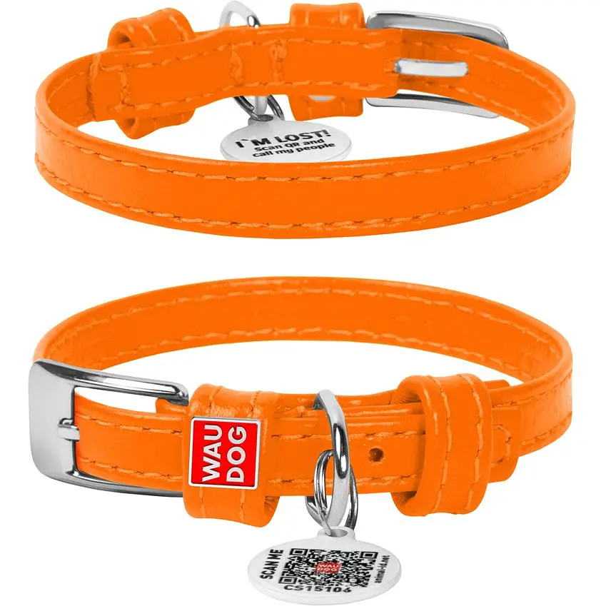 Ошейник для собак Waudog Glamour, кожаный, с QR паспортом, 18-21х0,9 см, оранжевый - фото 2