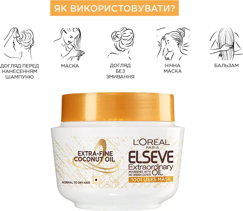 Маска L’Oréal Paris Elseve Роскошь кокосового масла для нормальных и сухих волос 300 мл - фото 5
