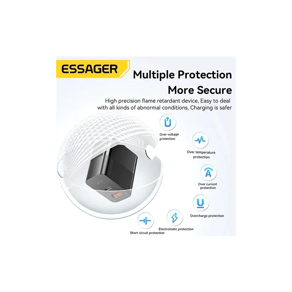Зарядний пристрій 1xUSB-C + 1xUSB 33 Вт Essager (ECTAC-PCB01-P) - фото 10