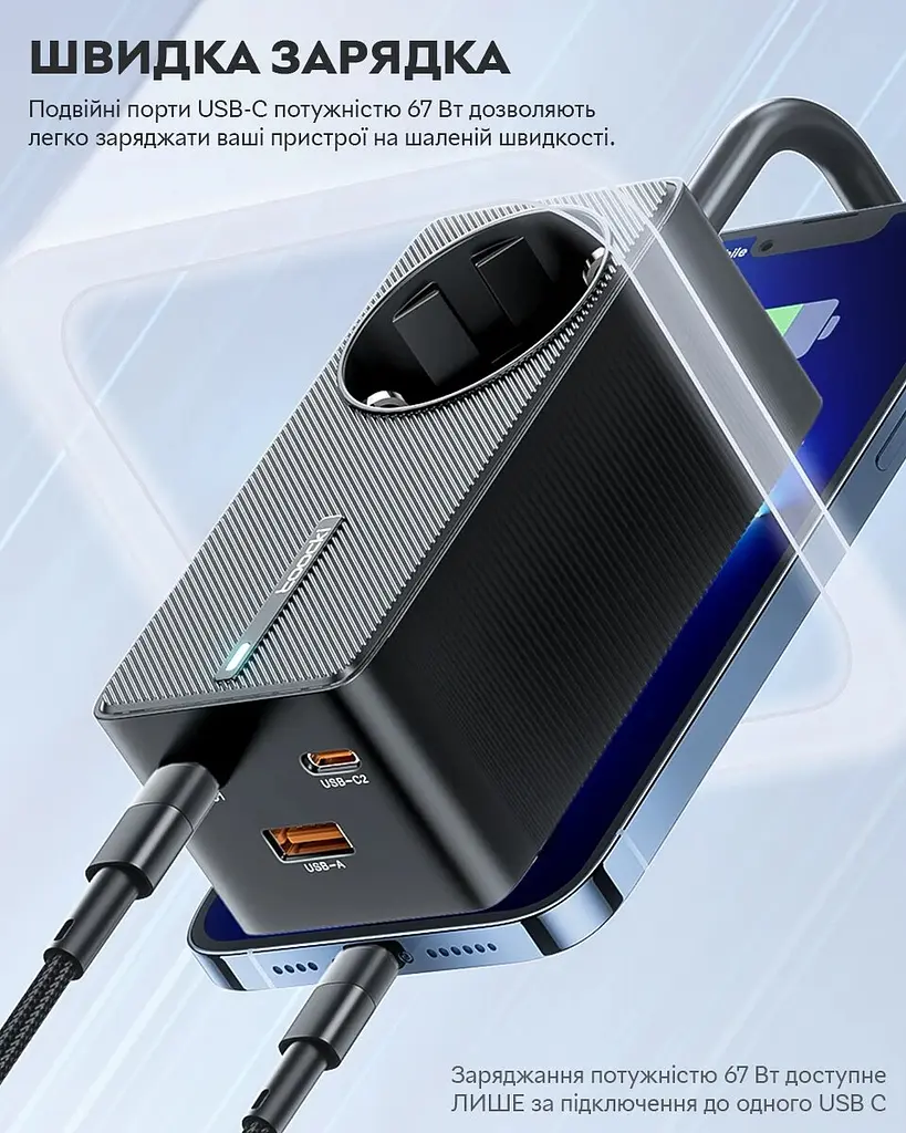 Toocki 67W Desktop Charger 2 x Type-C, 1 х USB 1.5 м, Black + розетка - фото 2