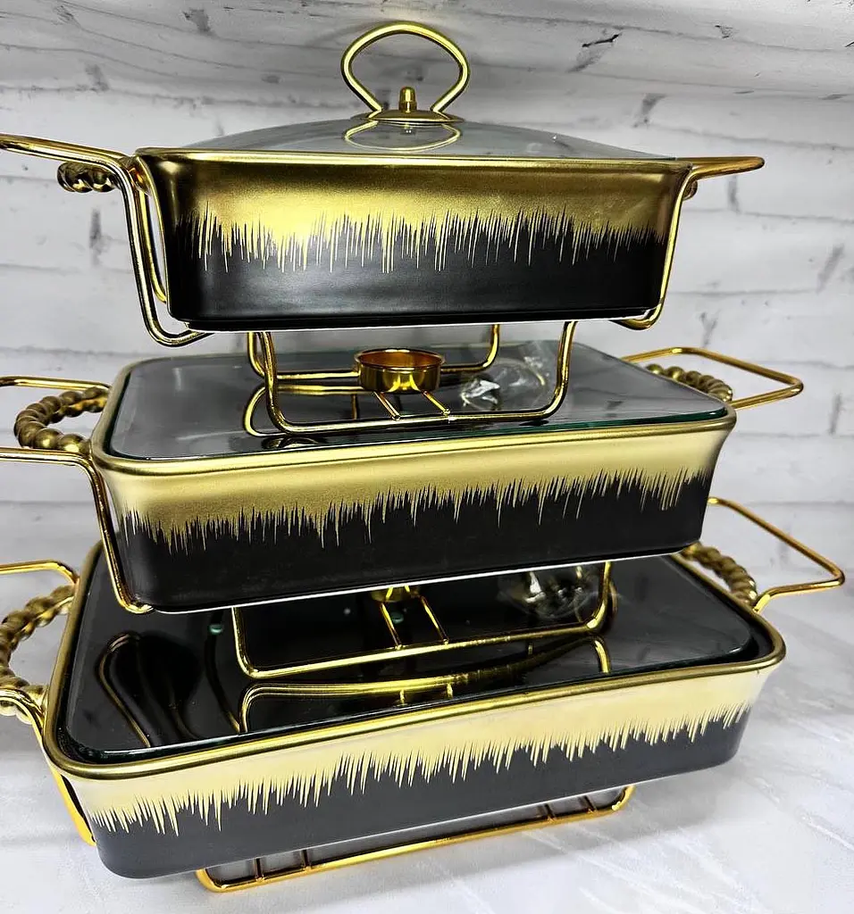 Набір з 3-х мармітів керамічних прямокутних Kitchen з кришками із скла Чорно Золотий - фото 3