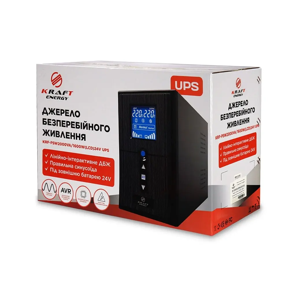 Джерело безперебійного живлення Kraft KRF-PSW2000VA/1600W(LCD)24V UPS під зовнішній акумулятор (42-00063) - фото 5