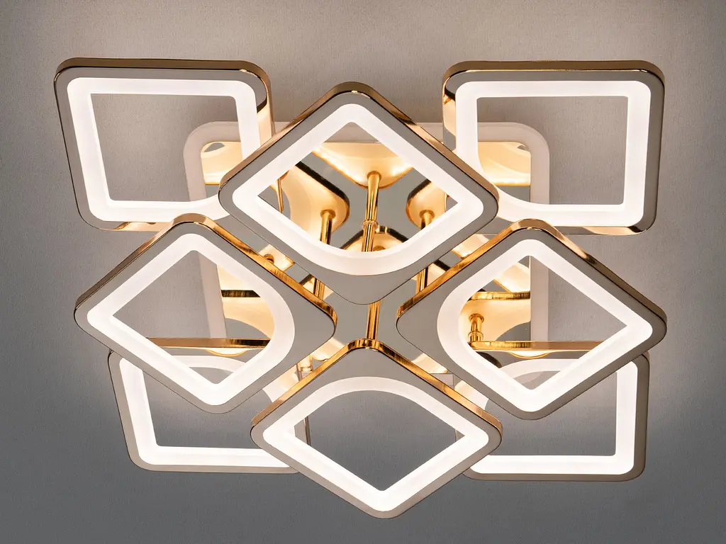 Стельова LED-люстра Diasha S8060/4+4G 3color з пультом і димером, золото, 130W, 7150 lm, квадратні акрилові плафони 49x49 см - фото 4