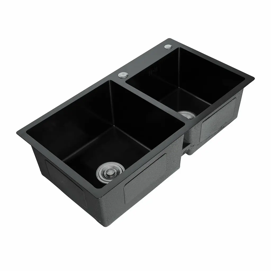 Кухонна мийка 78x43 PVD чорна на дві чаші Platinum Handmade HDB (круглий сифон, 3.0/0.8), Чорний - фото 2