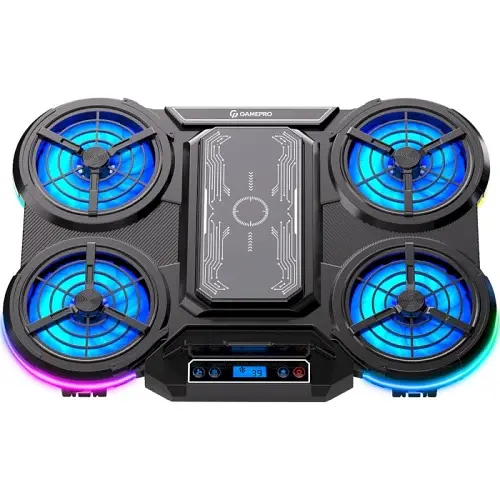 Підставка для ноутбука до 18" GamePro CP1450, Black, RGB підсвічування, 4 х 100 мм, 1 х 80 мм вентилятор (18 dB, 1350 rpm), LCD-дисплей, алюміній/пластик, 2xUSB 2.0, 410 x 285 x 40 мм, 1100 г, регулювання швидкості вентиляторів та кута нахилу - фото 2