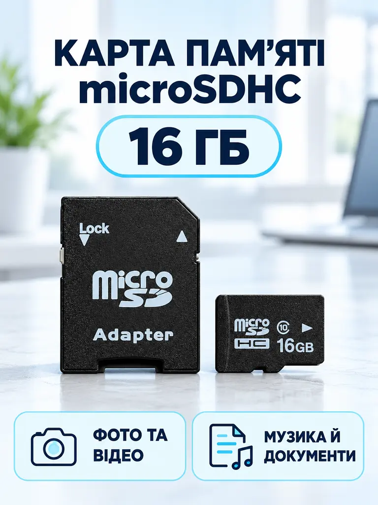 Карта пам'яті microSDHC 16 ГБ Class 10 з SD-адаптером Чорна (37261544) - фото 2