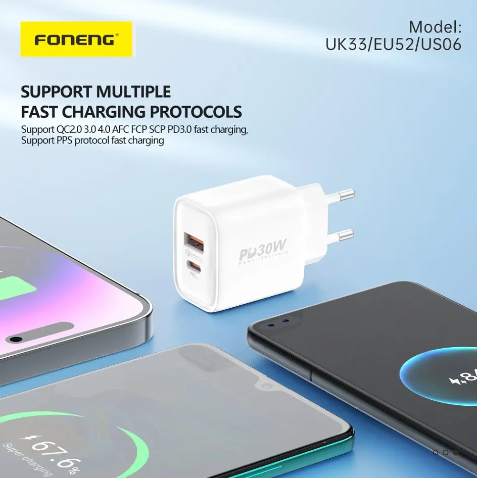 Мережевий зарядний пристрій Foneng EU52-CH PD 30W (1xUSB, 1xType-C) Білий - фото 2