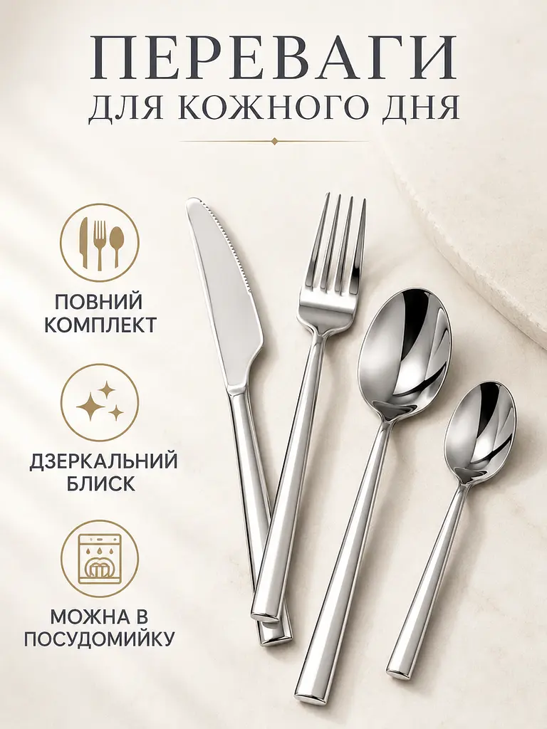 Набір столових приборів 24 предмети на 6 персон із нержавіючої сталі, ложки виделки ножі (49676237) - фото 2