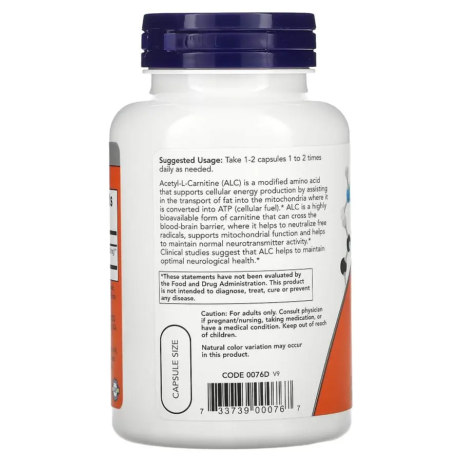 Жироспалювач NOW Acetyl-L-Carnitine 500 mg, 100 вегакапсул - фото 3