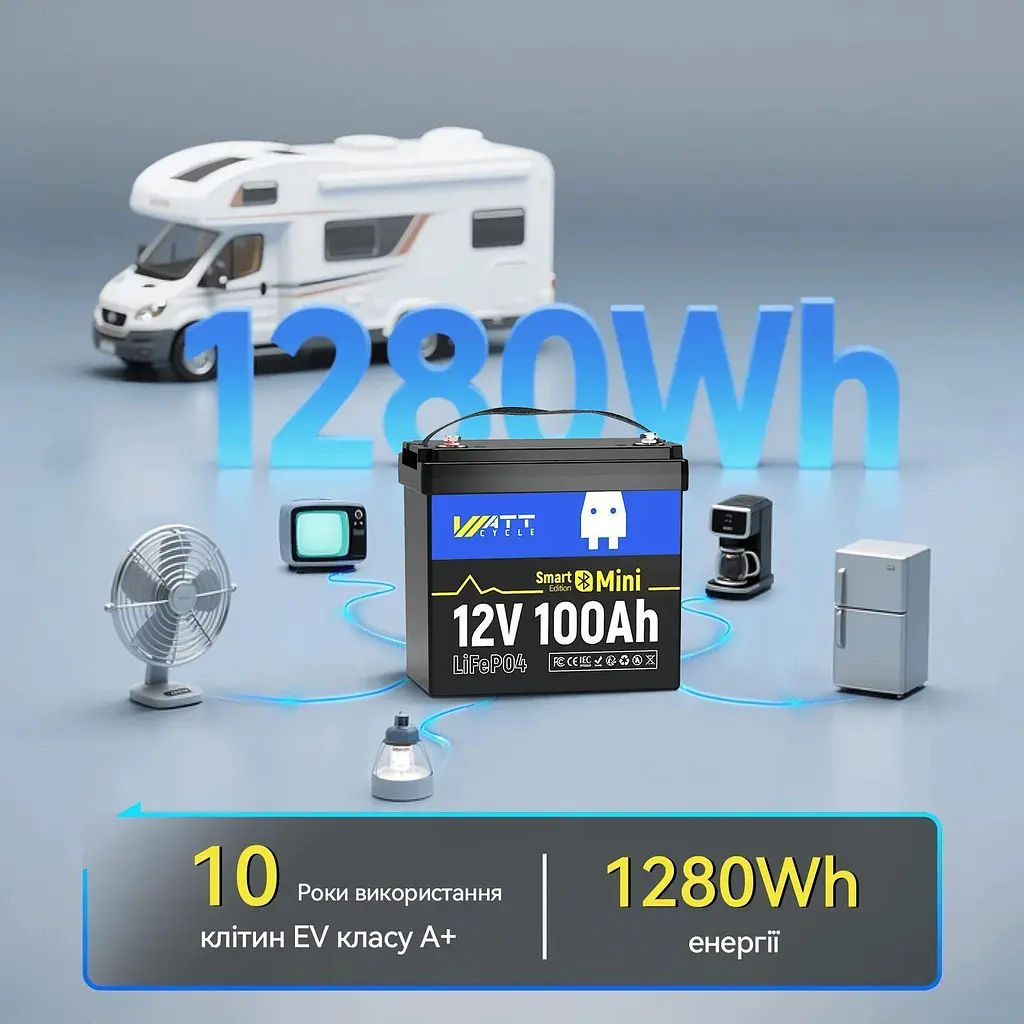 Аккумулятор WattCycle LiFePO4 12V(12.8/100Ah/1280Wh) (WT12V100AH100MINIBT) [164623] - фото 3