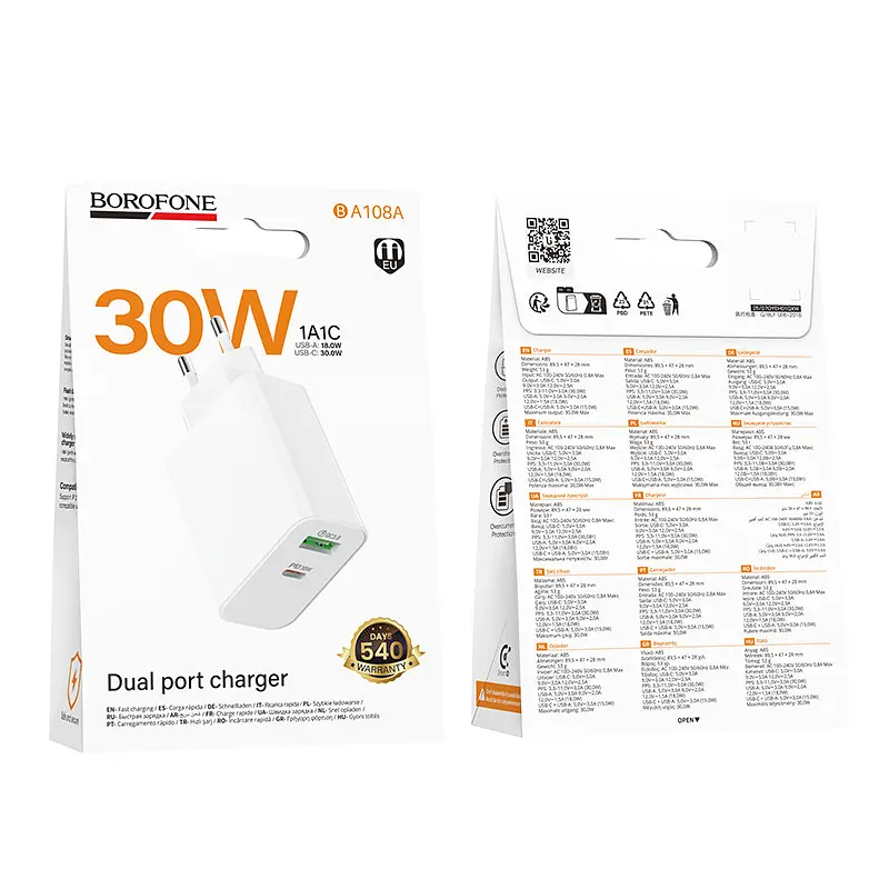 Мережевий зарядний пристрій BOROFONE BA108A Stellar PD30W+QC3.0 charger (EU) Білий - фото 2