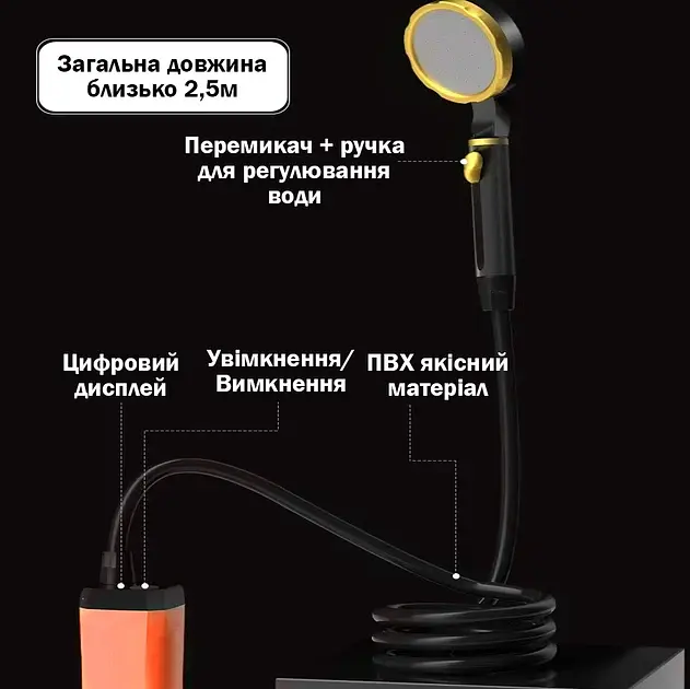 Портативний кемпінговий душ з акумулятором на 6000 mAh Помаранчевий (00282) - фото 4