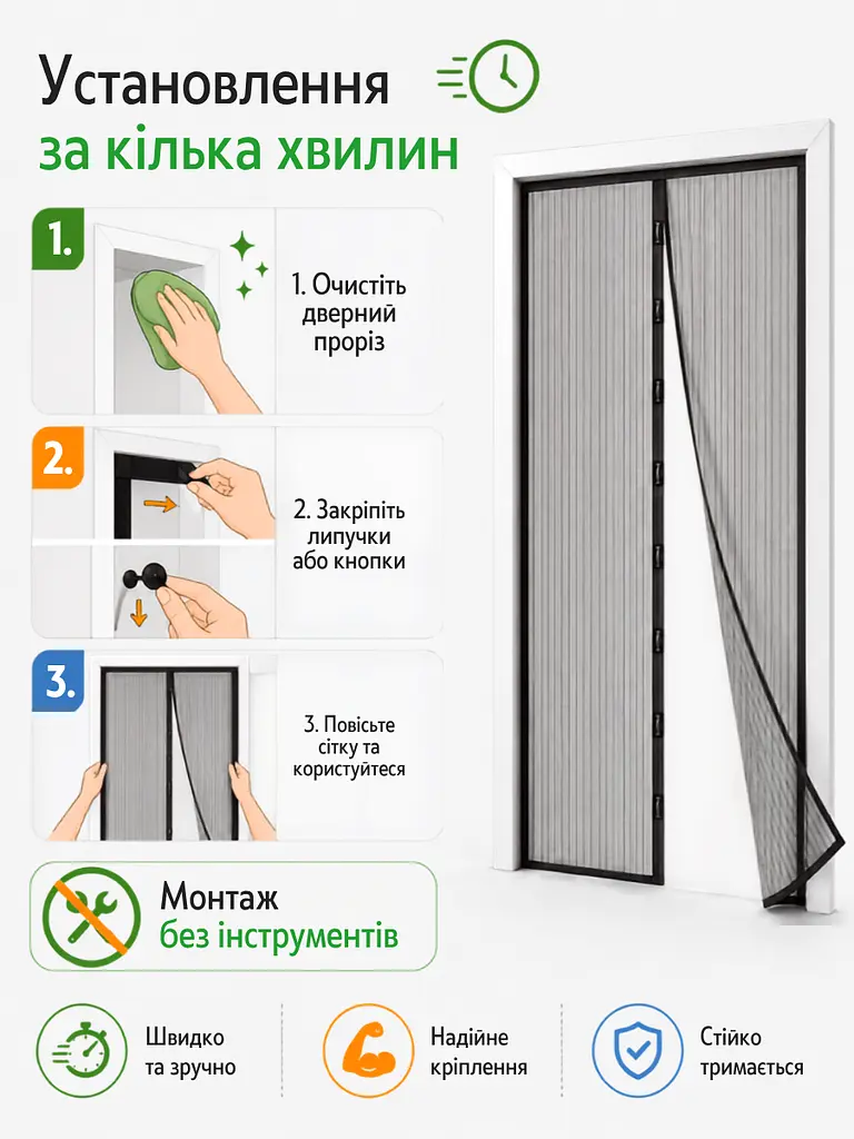 Антимоскітна сітка - штора на магнітах для дверей 210х100 см, з автоматичним закриттям + кріплення, Чорна (7399689941) - фото 5