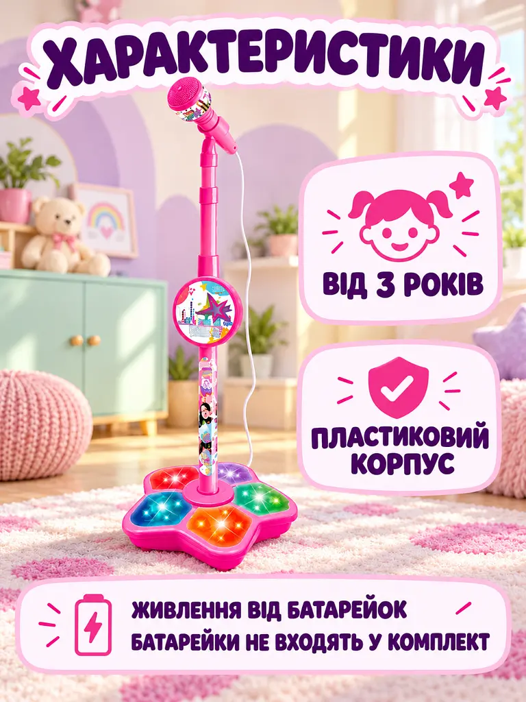 Дитячий мікрофон на регульованій стійці зі світловими ефектами для співу рожевий (37261588) - фото 7