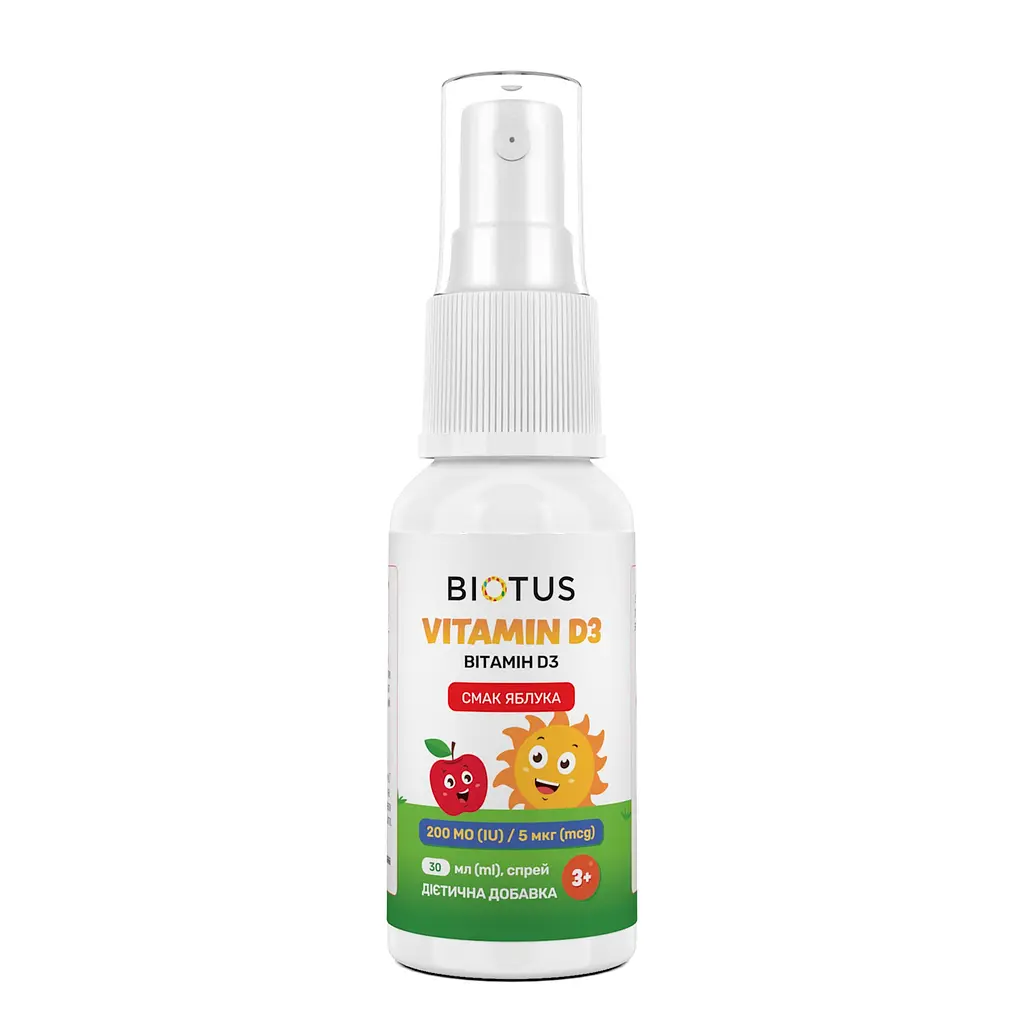 Вітамін D3, Vitamin D3, спрей для дітей, смак яблука, 200 МО/5 мкг, 30 мл Biotus vit0003347