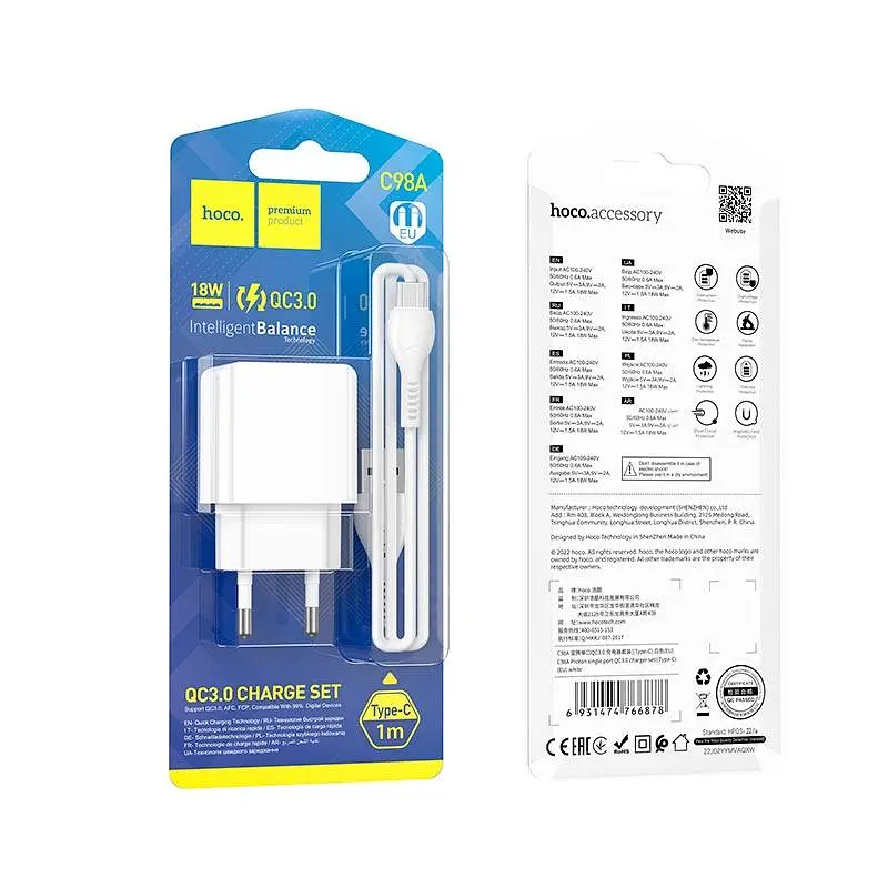 Зарядный комплект Hoco C98AType-C cable Proton 1 USB 18W белый - фото 3