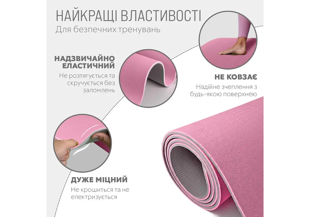 Килимок для йоги та фітнесу EasyFit TPE+TC 6 мм двошаровий рожево-сірий (EF-1924-PKGY) - фото 2