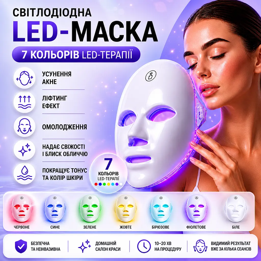 LED-маска для обличчя 7 в 1 бездротова фототерапія - омолодження та лікування акне - фото 9