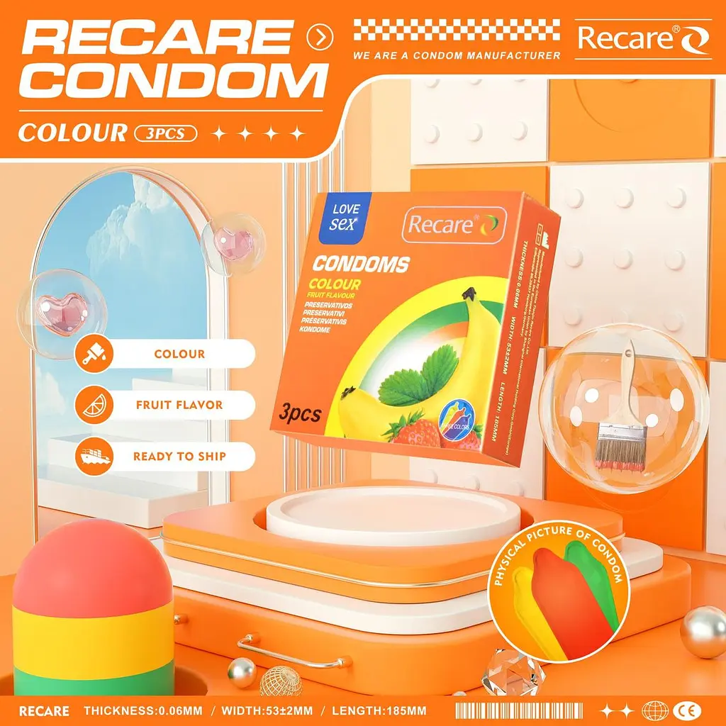 Презервативи Recare Color Fruit Flavour Condoms 3 шт, аромати: м'ята, банан, полуниця - фото 5