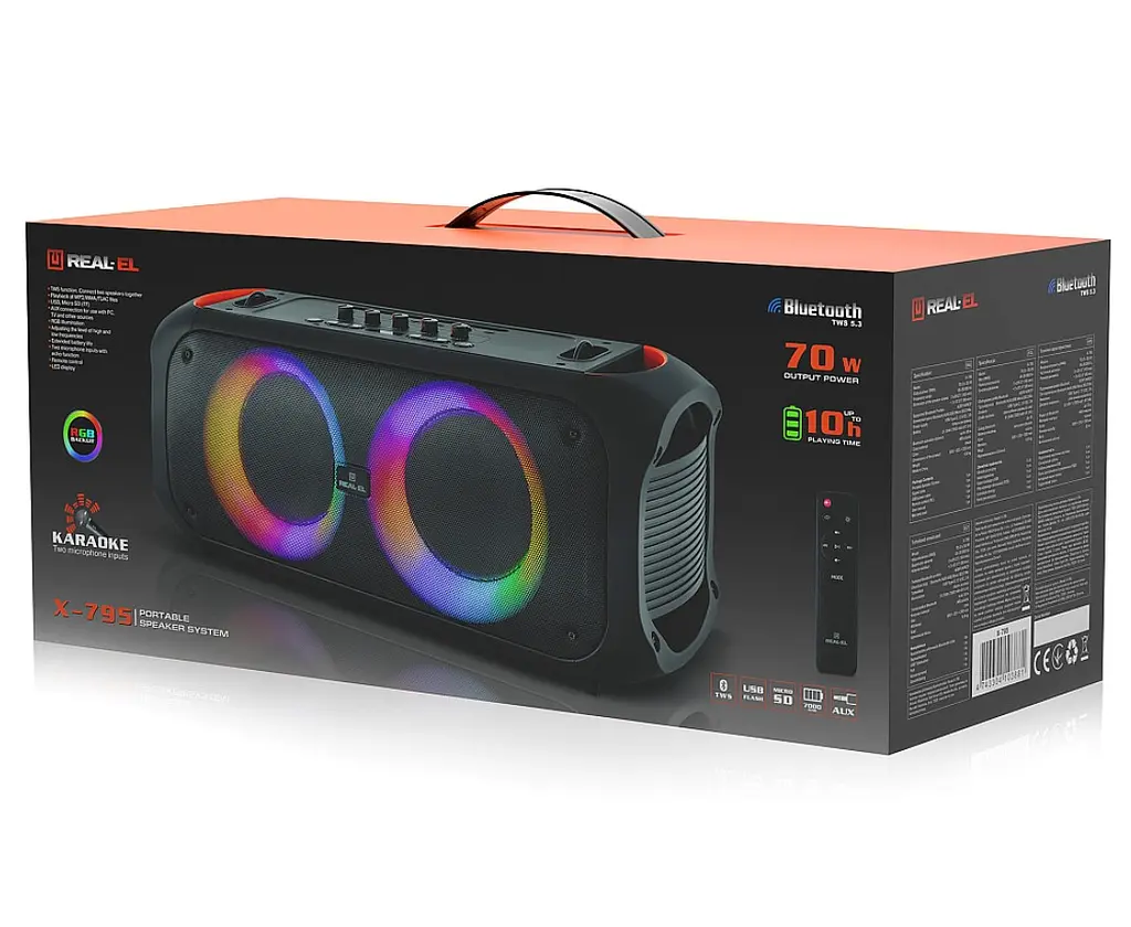 Портативна колонка REAL-EL X795 Boombox 70W Bluetooth, Echo Karaoke, TWS, RGB, Black - фото 13