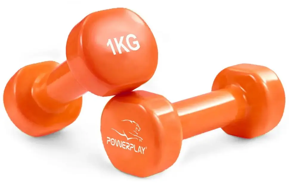 Гантелі вінілові PowerPlay 4125 Achilles 2*1 кг Помаранчеві 2 шт + Гумка для фітнесу 7,5 кг (PP_4125_1kg_2in) - фото 2