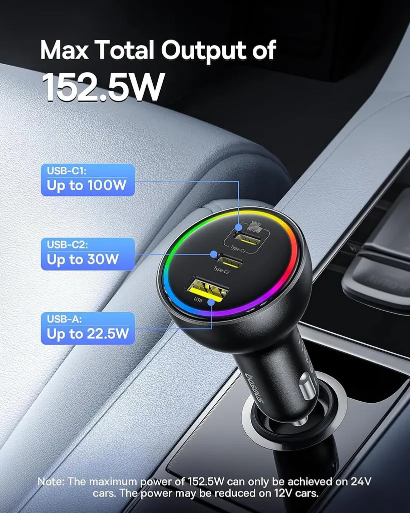Автомобільний зарядний адаптер Baseus 152.5 W BSCC-ZX-CCL 2C+U з кабелем чорне - фото 7