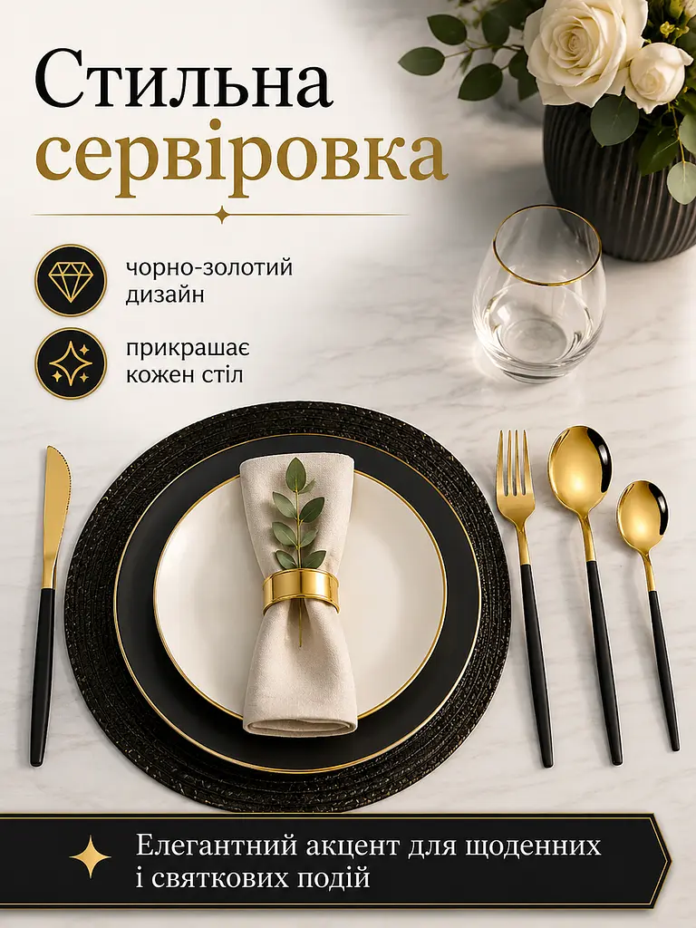 Набір столових приборів 24 предмети - з нержавіючої сталі, чорний / золотий (49675895) - фото 5