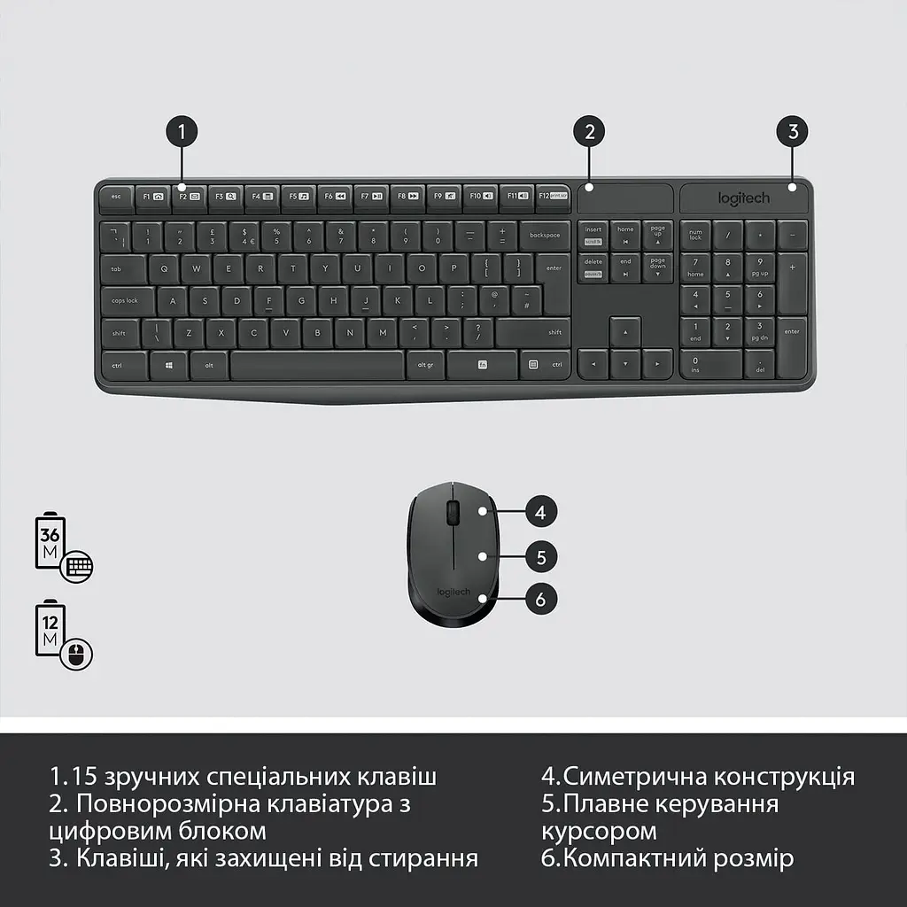 Комплект (Клавіатура та миша) Logitech MK235 Combo Wireless Graphite (920-007931) - фото 6