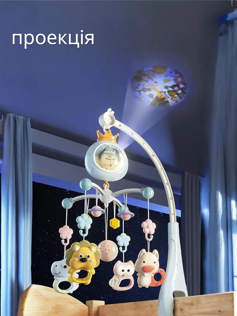 Мобіль на ліжечко з пультом, дитяча карусель для новонароджених немовлят мобілі 2 в 1 з таймером Пингвинчик, колискові та звуки (368-6B) блакитний - фото 7