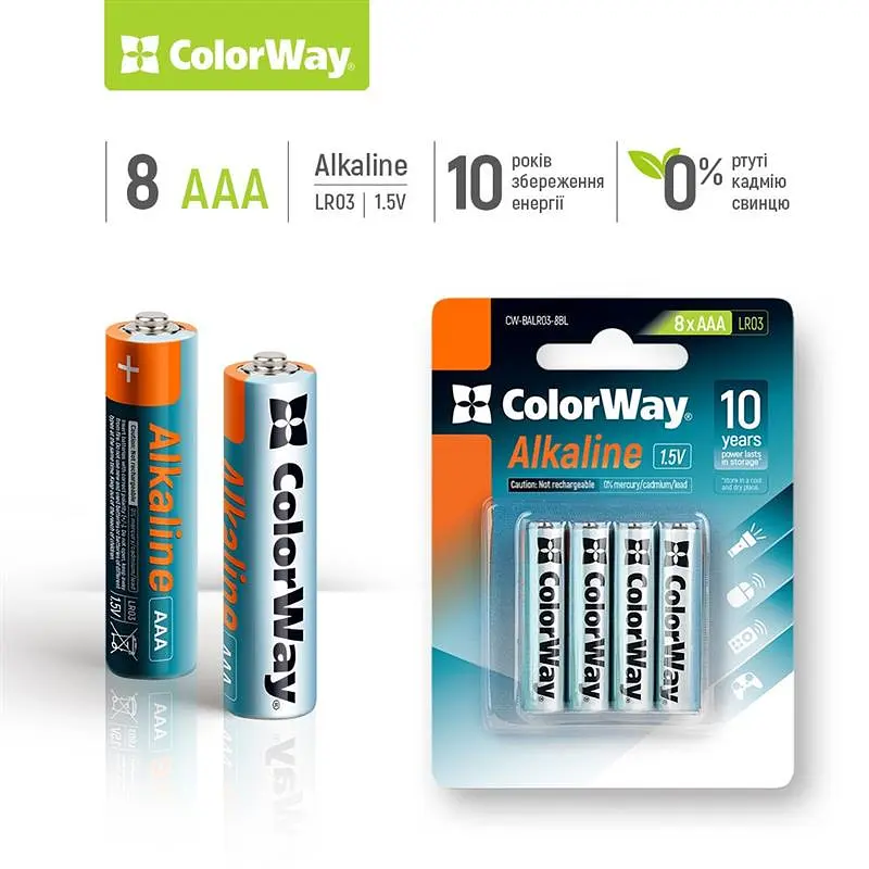 Батарейка ColorWay Alkaline Power AAA/LR03 BL 8шт - фото 2