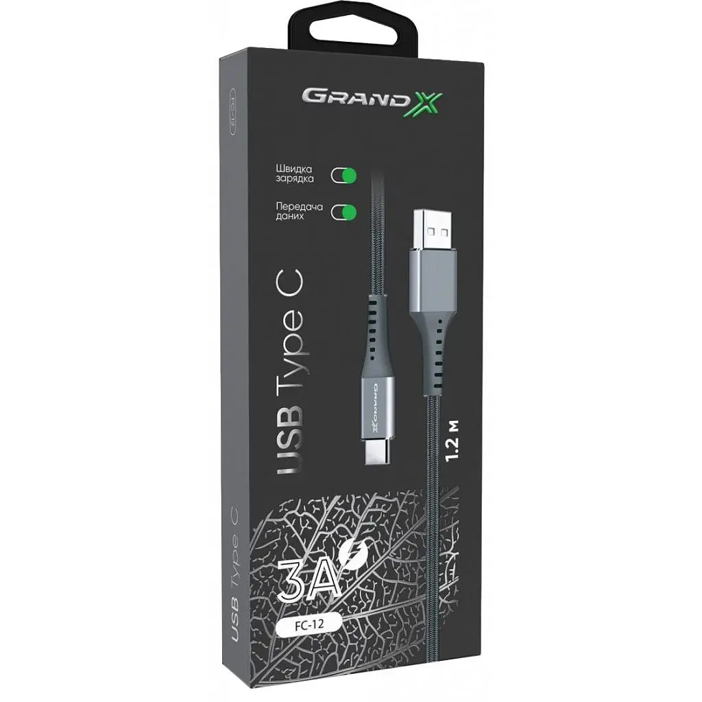 Дата кабель USB 2.0 AM to Type-C 1.2m Grey Grand-X (FC-12G) - фото 4