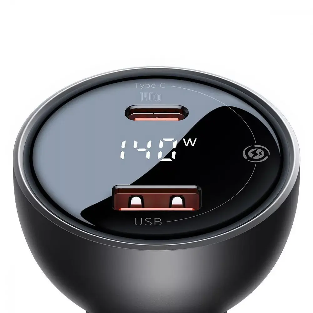 Автомобільний ЗП Baseus Digital Display 140W USB + Type-C + Кабель Type-C to Type-C 240 W (1 м) чорний - фото 2