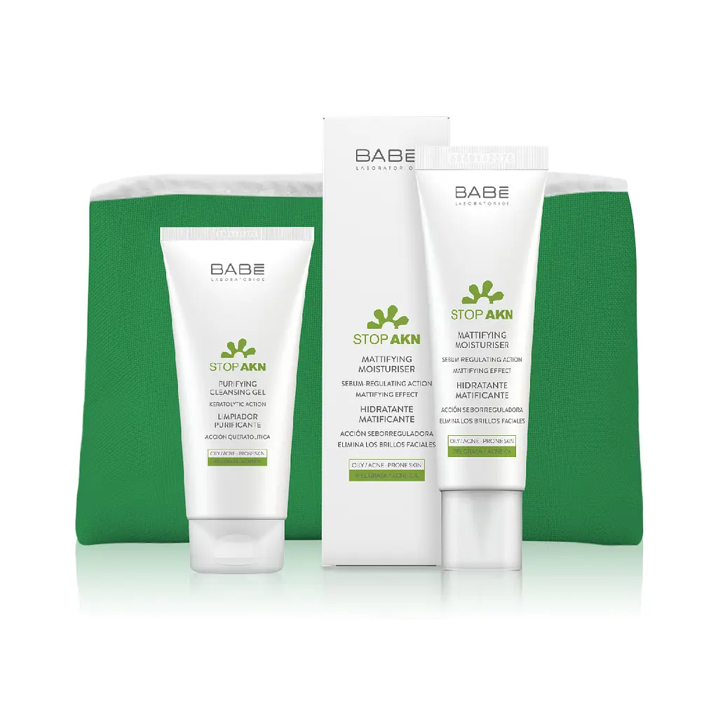 Подарунковий набір для жирної та проблемної шкіри Babe Laboratorios Stop Akn: Крем для обличчя, матуючий, зволожуючий, 50 мл + Очищаючий гель Travel Size, 100 мл + косметичка у подарунок - фото 2