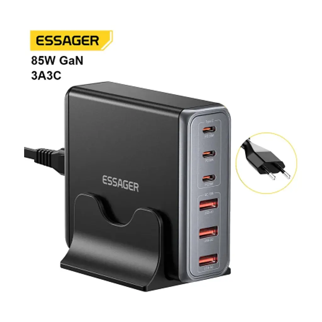 Зарядний пристрій Essager 3xUSB-C + 3xUSB-A 85W GaN black (EZC85W-SXB0G-Z) - фото 9