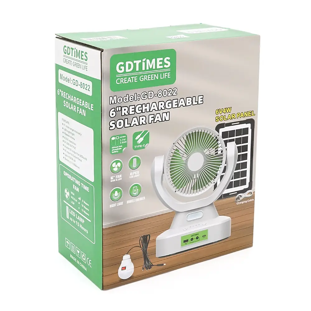 Вентилятор GDTIMES GD 8022, Solar+ вбудований акумулятор, 1*USB лампочка, Box - фото 2