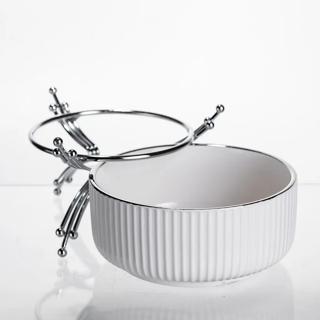 Салатник порцеляновий на металевій підставці Ø16 (см) тарілка для салату салатниця Срібло Yiwu LB-1568S - фото 4