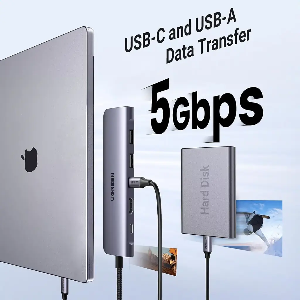 Концентратор Ugreen USB-C 7-in-1 2xUSB 3.0 + USB-C PD100W + HDMI 4K30Hz + SD/TF black (15214) - фото 6