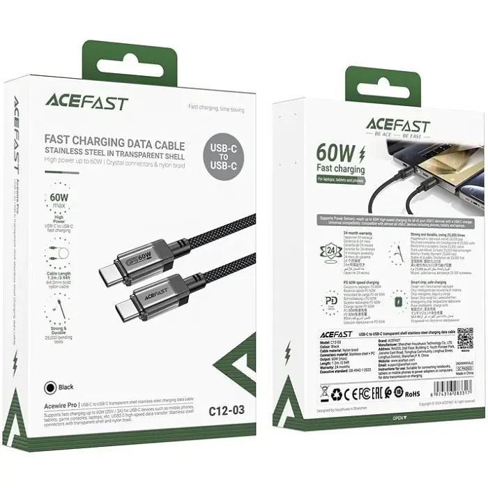 Кабель USB 2.0 Type-C M-M, 1.2 м, 60W stainless steel Чорний, C12-03 Acefast - фото 4