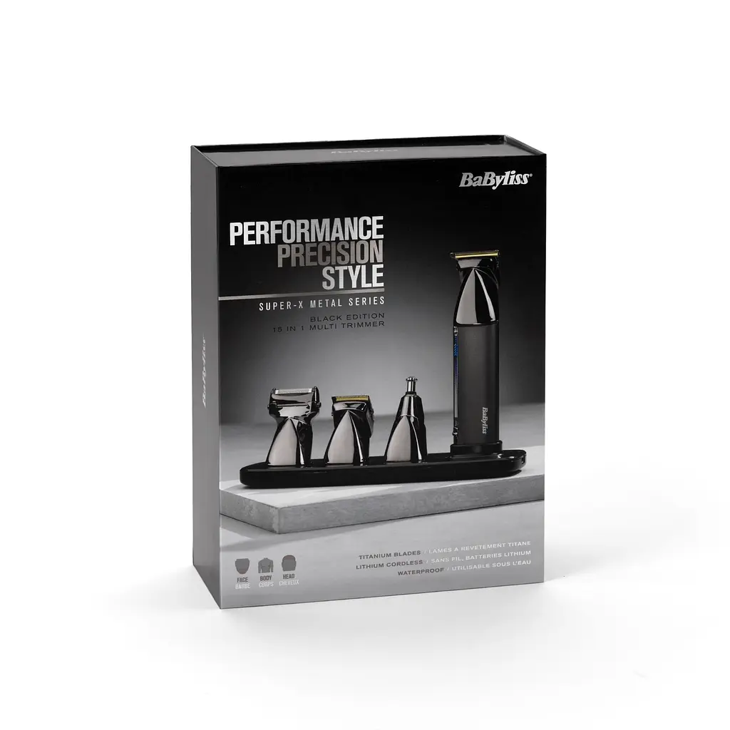 BaByliss Набір для стрижки Super-X Metal Black Edition, для голови, вусів, бороди,носа і тіла, акум., насадок-15, сумка для зберігання, підставка, сталь, чорний - фото 9