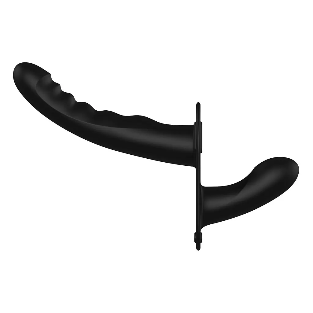 Страпон з подвійним дилдо Ouch! Dual Silicone Ribbed Strap-On, регульований, чорний - фото 2